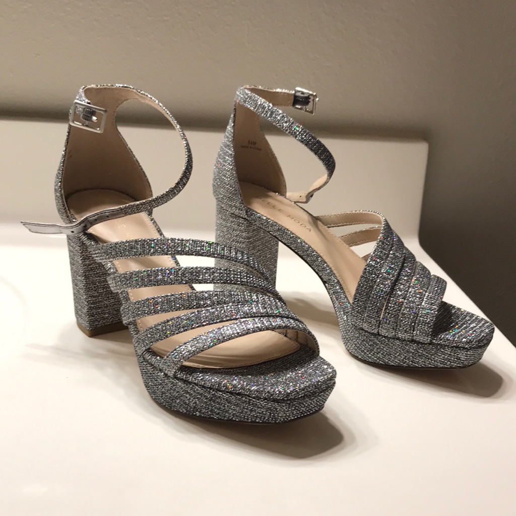 Pelle Moda Silver Glitter Strappy Heels